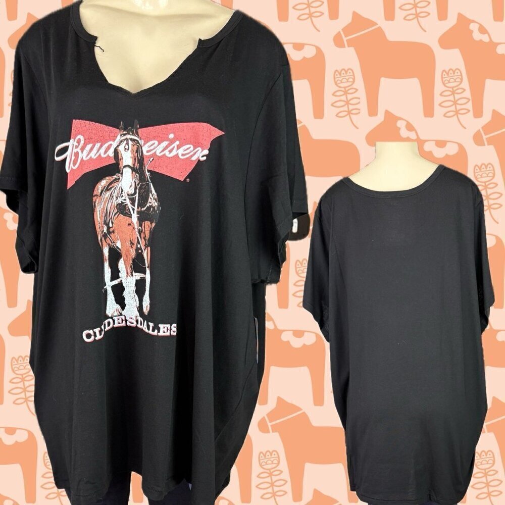 Budweiser +5 Black Clydesdale Graphic Split Raw Edge Neckline Short Sleeve Tee
